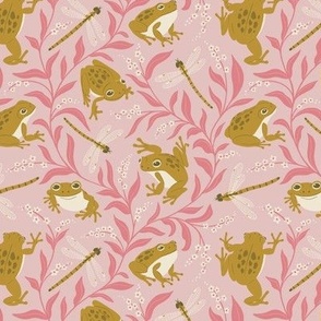 (S) Frogs and Forget-me-nots // mustard green frogs and dragonflies on pink