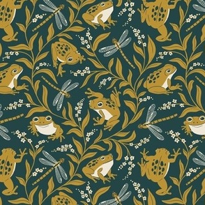 (S) Frogs and Forget-me-nots // mustard green frogs and dragonflies on dark blue