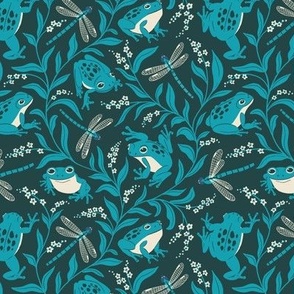 (S) Frogs and Forget-me-nots // blue frogs and dragonflies on dark blue