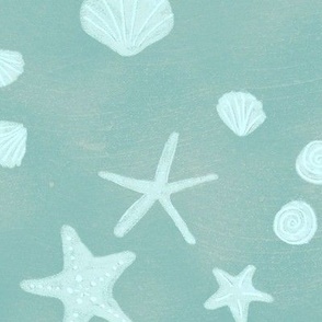 Seashells and Starfish Coastal fabric in textured blue