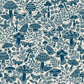 X-Large - Enchanted Forest Floor navy blue, mushrooms florals moths