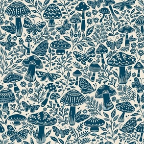 Large - Enchanted Forest Floor navy blue, mushrooms florals moths 