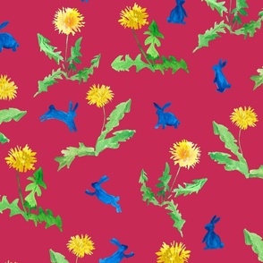 Dancing blue bunnies and yellow dandelions - on red