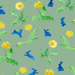 Dancing blue bunnies and yellow dandelions - on green