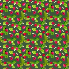 Red watercolour strawberries, leaves and white flowers on dark green