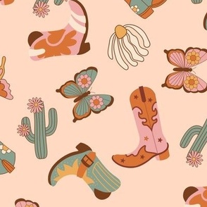 Groovy Cowgirl Fabric - butterflies_ boots_ cactus_ cute boho groovy hippie girl 12in