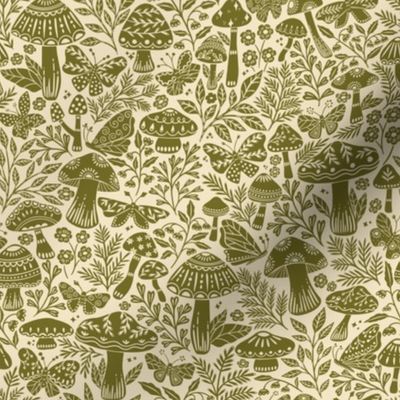 Medium - Enchanted Forest Floor moss green, mushrooms florals moths 