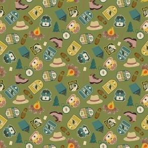 Happy Camper Fabric - summer_ retro_ groovy_ national parks_ hiking_ campfire 4in