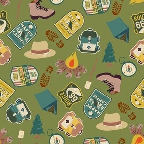 Happy Camper Fabric - summer_ retro_ groovy_ national parks_ hiking_ campfire 8in