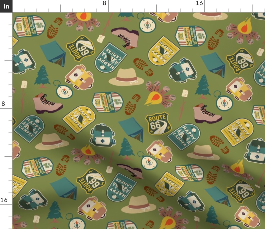 Happy Camper Fabric - summer_ retro_ groovy_ national parks_ hiking_ campfire 12in