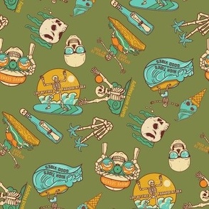 Skeleton Surf Fabric - retro_ fun_ groovy_ boys_ kids surf_ summer_ california_ hawaii design 8in