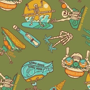 Skeleton Surf Fabric - retro_ fun_ groovy_ boys_ kids surf_ summer_ california_ hawaii design 12in