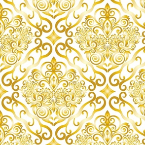Damask style pattern 2, golden and swirl, white background. Seamless floral pattern-299.