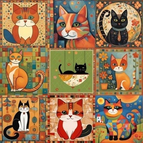 10,5'' Colorful Cat Illustration Collage | Cat Collage | Cat Pattern | Cat Mosaic | Cat Art | Color Art | Terracotta