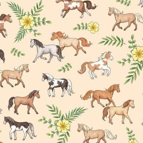 Horses and Primrose Floral on almond - medium scale