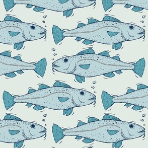 12"  Soft Blue Cod Fish - Vintage Line Art Fishy Pattern