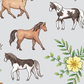 Horses and Primrose Floral on mist - large scale