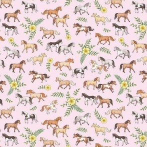 Horses and Primrose Floral on cherry blossom - small scale