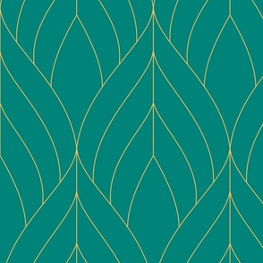 ART DECO BLOSSOMS - VIRIDIAN WITH BRIGHT GOLD LINES, LARGE SCALE