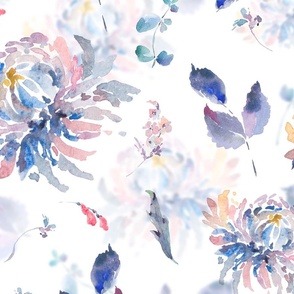 Watercolor abstract chrysanthemums on white - L