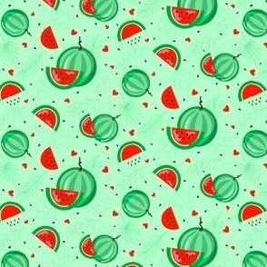Bright juicy watermelons on a green background - small scale