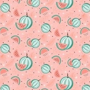 Pastel watermelons on a soft red background - small scale