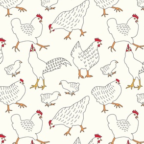 (L) Busy Chickens, Chicks and Rooster Dark Brown Line Art on Cream