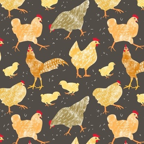 (L) Busy Chickens, Chicks and Rooster Painted Earth Colors on Dark Brown