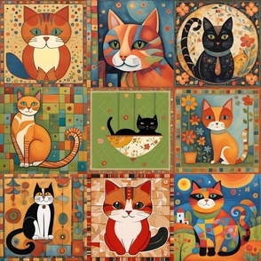 21'' Colorful Cat Illustration Collage | Cat Collage | Cat Pattern | Cat Mosaic | Cat Art | Color Art | Terracotta