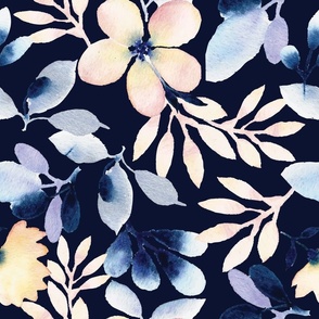 Indigo and Coral Watercolour Floral Garden on Navy Blue large scale