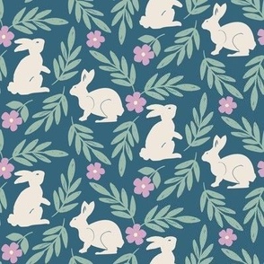 Bunny Rabbits and palm frond leaf branches - teal background