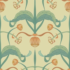 Seamless pattern with a luxurious calendula flower with spreading leaves in Art Nouveau