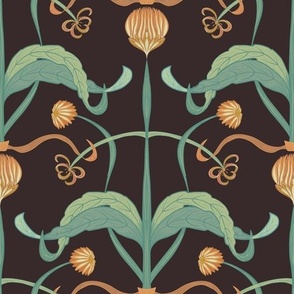 Seamless pattern with a luxurious calendula flower with spreading leaves in Art Nouveau style 