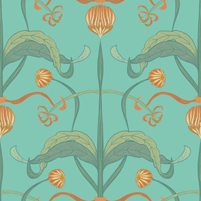 Seamless pattern with a luxurious calendula flower with spreading leaves in art nouveau style