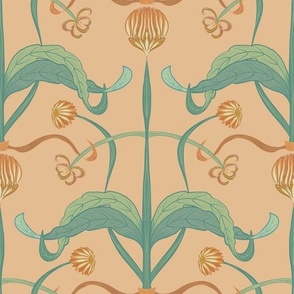 Seamless pattern with a luxurious calendula flower with spreading leaves in art nouveau 