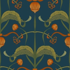 Seamless pattern with a luxurious calendula flower with spreading leaves in art nouveau style 