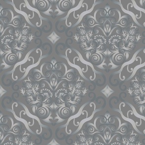 Damask style grey pattern 3, grey background. Seamless floral pattern-300.
