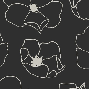 Scattered Minimalist Floral Line Art | Jumbo Scale | Charcoal Grey, Light Grey | hand drawn multidirectional flowers