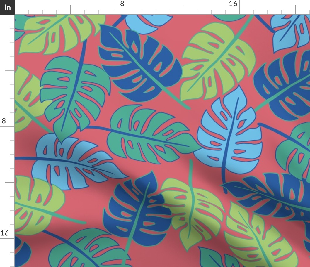 Monstera Tropical Palm Print in Coral  Medium Scale