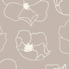 Scattered Minimalist Floral Line Art | Jumbo Scale | Beige Tan, Creamy White, Neutral | hand drawn multidirectional flowers