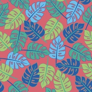 Monstera Tropical Palm Print in Coral Small  Scale