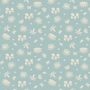 Toad-ally Tranquil Pattern | Cream Flora and Fungi on Light Blue | Mini Scale