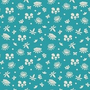 Serene Sea Blue Toadstool Design - Cream Flora motifs on Aquatic Blue Print | Mini Scale  
