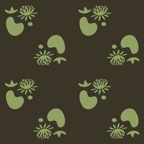 Mystical Toadstool Silhouettes - Earthy Green Botanicals on Deep Brown - Rustic Charm Fabric Design | Small Scale 