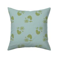 Tiny Toadstool Treasures - Soft Green & White Botanicals on Light Blue - Whimsical Fabric Design | Medium Scale 