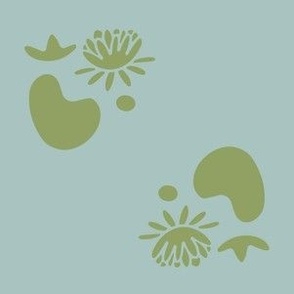 Tiny Toadstool Treasures - Soft Green & White Botanicals on Light Blue - Whimsical Fabric Design | Medium Scale 