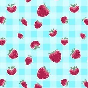 Small Scale Strawberry Picnic on Aqua Gingham Background