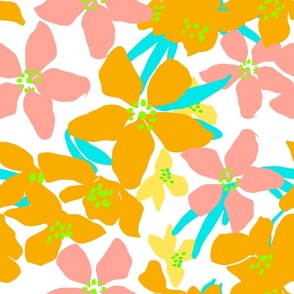 Orange Blossoms Tropical Peach Fuzz, White And Apricot Orange Flower Blooms With Bright Neon Lime Green And Turquoise Blue Retro Modern Botanical Fruit Tree Grandmillennial Floral Pattern