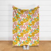 Orange Blossoms Big Tropical Peach Fuzz, White And Apricot Orange Flower Blooms With Bright Neon Lime Green And Turquoise Blue Retro Modern Botanical Fruit Tree Grandmillennial Floral Pattern