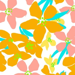 Orange Blossoms Big Tropical Peach Fuzz, White And Apricot Orange Flower Blooms With Bright Neon Lime Green And Turquoise Blue Retro Modern Botanical Fruit Tree Grandmillennial Floral Pattern